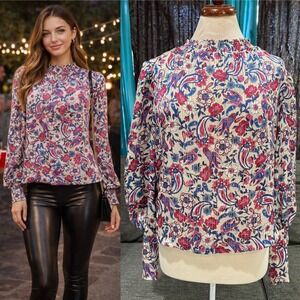Mango MNG Womens Paisley Floral Smocked High Neck Blouse Blue Pink Size‎ 4